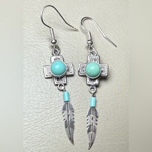 Vtg 925 Sterling Silver Southwestern Turquoise Feather Dangle Earrings by G&S